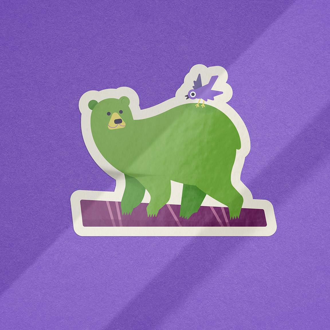 Image of Green Bear Sticker with Purple Bird